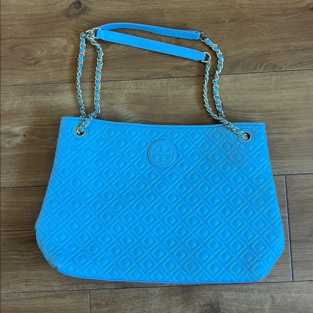 Tory Burch Light Blue Leather Marion Quilted Tote - Picture 2 of 10